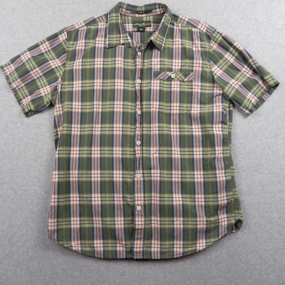 Eddie Bauer Shirt Mens Large Classic Fit‎ Button Up Green Plaid Short Sleeve